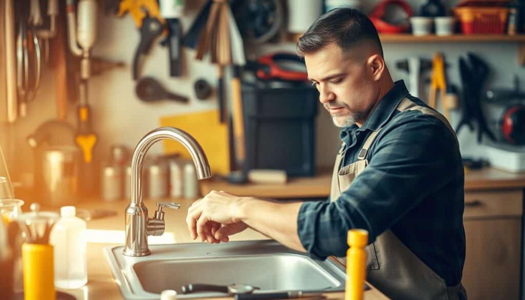 A professional handyman carefully inspecting a kitchen sink, surrounded by an assortment of tools and repair supplies. The scene is bathed in warm, natural lighting, creating a sense of trust and reliability. The handyman's expression conveys expertise and dedication, as they thoughtfully assess the task at hand. In the background, a well-organized workshop hints at the breadth of their skills and the attention to detail they bring to every job. The overall atmosphere radiates a feeling of dependability and professionalism, embodying the essence of "trusted handyman services" in Gauteng.