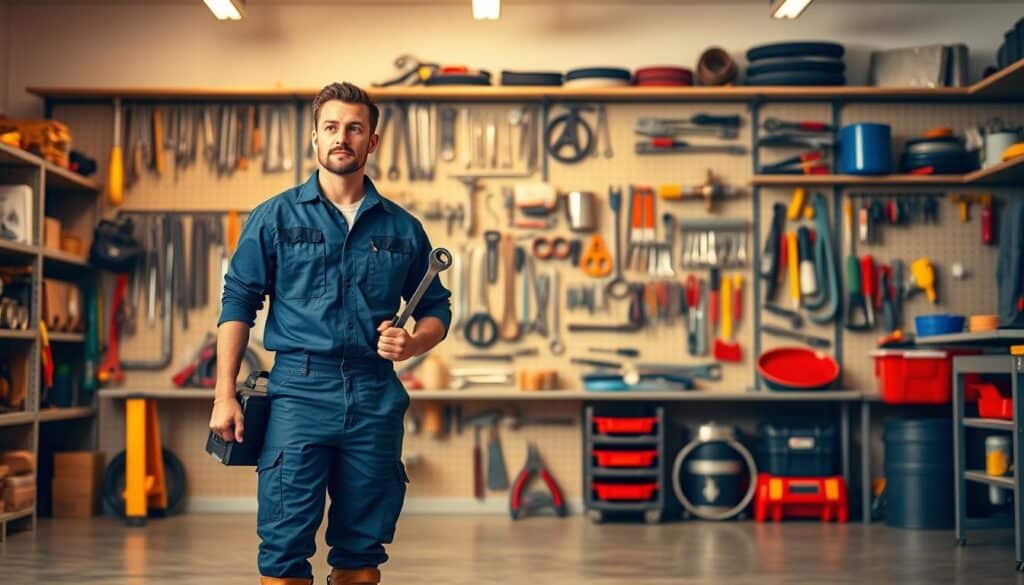 A skilled handyman standing confidently in a well-lit, spacious workshop, wearing a navy blue jumpsuit and sturdy work boots. He holds a toolbox in one hand and a wrench in the other, ready to tackle any plumbing or electrical repair. The background features neatly organized shelves filled with a diverse array of tools and supplies, conveying a sense of expertise and preparedness. Warm, diffused lighting casts a professional, competent atmosphere, highlighting the handyman's focused expression as he contemplates the next task at hand.