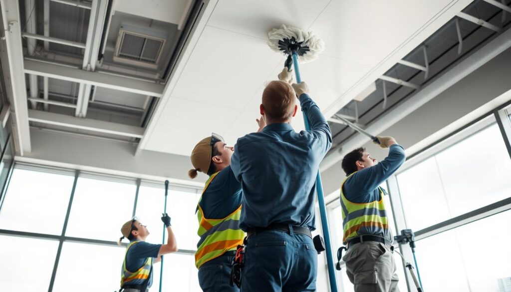 A bright, airy interior showcasing a team of professional cleaners meticulously attending to a high ceiling. The workers, dressed in uniform and safety gear, operate specialized equipment like telescopic poles and microfiber mops, expertly navigating the space and ensuring every nook and cranny is pristine. Soft, diffused lighting from large windows accentuates the cleanliness, while the background features sleek, modern office decor conveying a sense of efficiency and reliability. An atmosphere of diligence and attention to detail, perfectly encapsulating the independent handyman services' commitment to competitive ceiling cleaning rates.