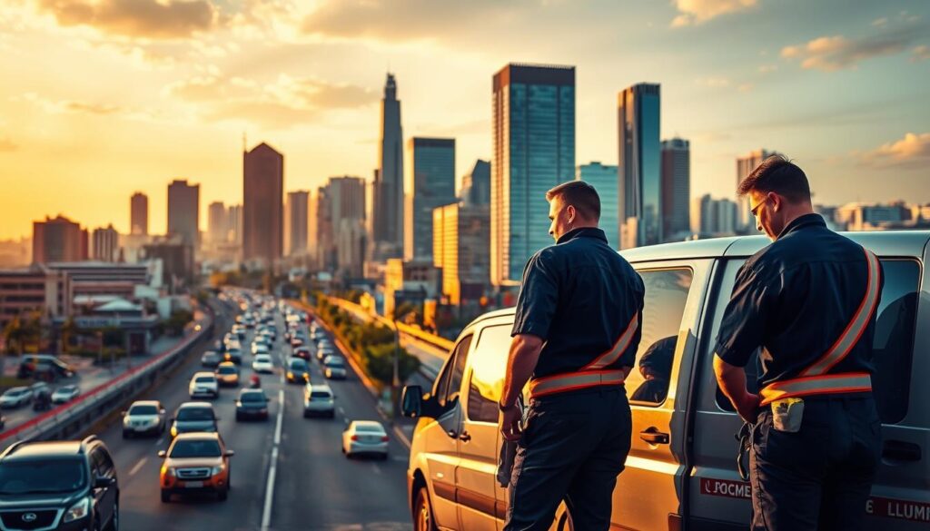 A bustling cityscape of Johannesburg, with the iconic skyscrapers and traffic-filled streets in the background. In the foreground, a team of professional plumbers in uniform are working on an emergency repair, their van and tools visible. The scene is illuminated by warm, natural lighting, creating a sense of urgency and efficiency. The plumbers are working diligently, their expressions focused, as they address the plumbing issue at hand. The overall atmosphere conveys the reliable and accessible nature of the emergency plumbing services available throughout the Gauteng region.