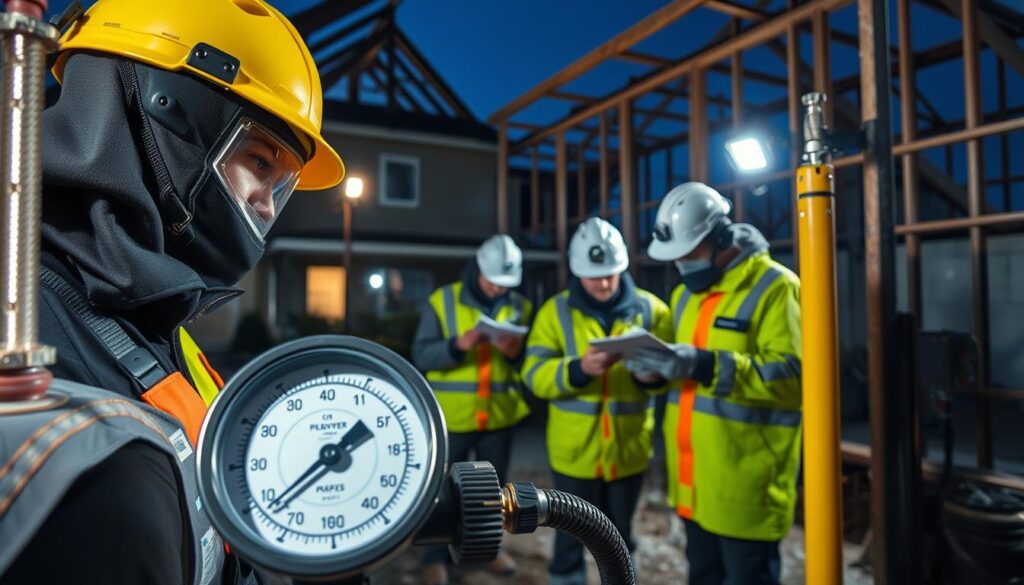 A bustling construction site with a team of skilled technicians dressed in protective gear, performing a comprehensive geyser pressure test. The foreground features a close-up view of a professional-grade pressure gauge being carefully monitored, as technicians meticulously inspect the geyser's internal components. In the middle ground, workers diligently document their findings, while in the background, the framework of a residential building provides a contextual setting. The scene is illuminated by a combination of natural daylight and strategically placed work lights, casting dramatic shadows and highlighting the technical precision of the operation. The overall atmosphere conveys a sense of professionalism, safety, and attention to detail in the delivery of independent handyman services. A bustling construction site with a team of skilled technicians dressed in protective gear, performing a comprehensive geyser pressure test. The foreground features a close-up view of a professional-grade pressure gauge being carefully monitored, as technicians meticulously inspect the geyser's internal components. In the middle ground, workers diligently document their findings, while in the background, the framework of a residential building provides a contextual setting. The scene is illuminated by a combination of natural daylight and strategically placed work lights, casting dramatic shadows and highlighting the technical precision of the operation. The overall atmosphere conveys a sense of professionalism, safety, and attention to detail in the delivery of independent handyman services.