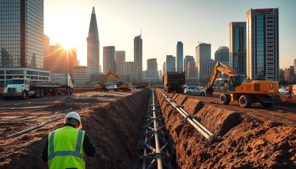 A bustling urban landscape in Johannesburg, South Africa, showcasing the intricate installation process of sewer lines. In the foreground, workers in hard hats and high-visibility vests carefully excavate the ground, revealing the intricate network of underground pipes. The middle ground features modern construction equipment, including backhoes and trenching machines, working in harmony to lay the foundation for the new sewer infrastructure. In the background, the towering skyscrapers of Sandton and Pretoria's business districts provide a sleek, contemporary backdrop, emphasizing the importance of reliable sewer systems in urban development. The scene is illuminated by a warm, golden-hour light, casting long shadows and highlighting the technical precision of the installation process. The overall composition conveys the complexity and significance of sewer line installation, essential for the thriving metropolis of Johannesburg. A bustling urban landscape in Johannesburg, South Africa, showcasing the intricate installation process of sewer lines. In the foreground, workers in hard hats and high-visibility vests carefully excavate the ground, revealing the intricate network of underground pipes. The middle ground features modern construction equipment, including backhoes and trenching machines, working in harmony to lay the foundation for the new sewer infrastructure. In the background, the towering skyscrapers of Sandton and Pretoria's business districts provide a sleek, contemporary backdrop, emphasizing the importance of reliable sewer systems in urban development. The scene is illuminated by a warm, golden-hour light, casting long shadows and highlighting the technical precision of the installation process. The overall composition conveys the complexity and significance of sewer line installation, essential for the thriving metropolis of Johannesburg.