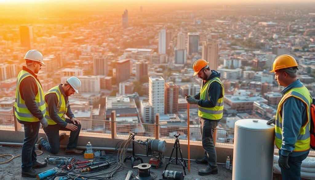A busy construction site in a Gauteng region, featuring geyser pressure testing specialists hard at work. In the foreground, technicians in safety gear meticulously inspect and test a residential geyser system, surrounded by various tools and equipment. In the middle ground, a panoramic view of the surrounding urban landscape, with high-rise buildings and infrastructure characteristic of Johannesburg, Pretoria, or Benoni. The background is bathed in warm, golden sunlight, creating a sense of professionalism and efficiency. The scene conveys the regional diversity and expertise required for comprehensive geyser pressure testing across the Gauteng area. A busy construction site in a Gauteng region, featuring geyser pressure testing specialists hard at work. In the foreground, technicians in safety gear meticulously inspect and test a residential geyser system, surrounded by various tools and equipment. In the middle ground, a panoramic view of the surrounding urban landscape, with high-rise buildings and infrastructure characteristic of Johannesburg, Pretoria, or Benoni. The background is bathed in warm, golden sunlight, creating a sense of professionalism and efficiency. The scene conveys the regional diversity and expertise required for comprehensive geyser pressure testing across the Gauteng area.
