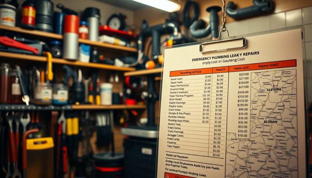 A busy plumber's workshop, with tools and equipment neatly organized on shelves. The lighting is warm and inviting, casting a soft glow over the scene. In the foreground, a detailed price list is prominently displayed, showcasing the various costs for emergency plumbing leak repairs in the Gauteng region. The background features a map of the area, highlighting the different neighborhoods and suburbs. The overall atmosphere conveys a sense of professionalism and reliability, reflecting the importance of prompt and efficient emergency plumbing services.