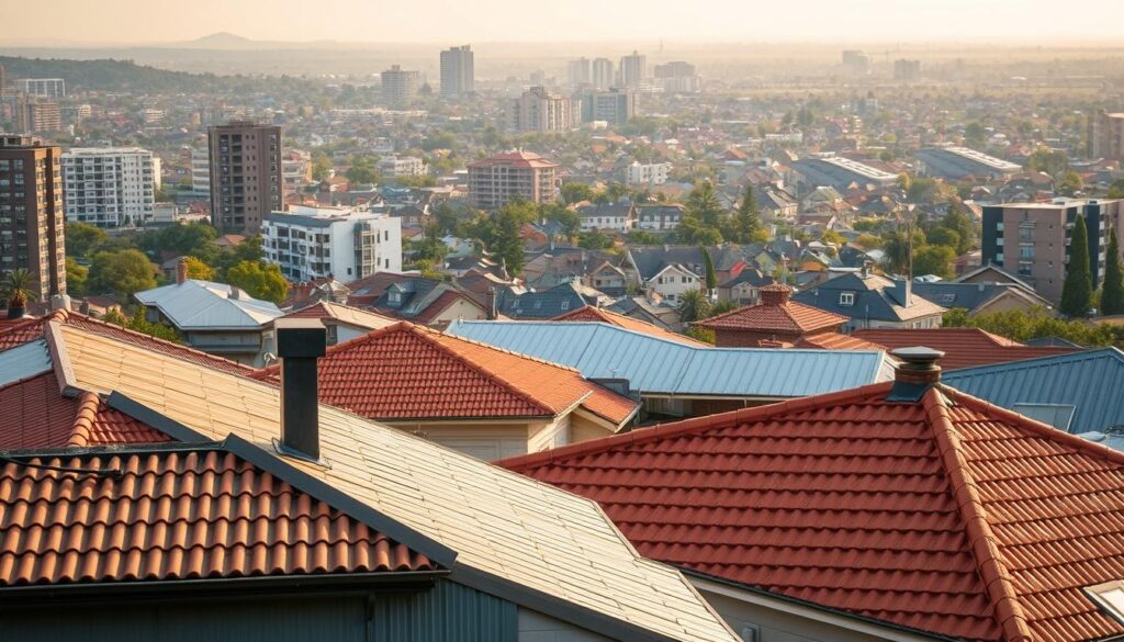 A cityscape of Johannesburg and Pretoria, Gauteng, with a focus on various roofing structures and materials. The foreground showcases a range of residential and commercial roofing options, including terracotta tiles, metal sheets, and slate, conveying the diversity of regional roofing styles. The middle ground features a mix of high-rise buildings and suburban homes, highlighting the urban-suburban landscape. The background is hazy with a warm, golden-hour lighting, creating a tranquil and inviting atmosphere. The scene conveys a sense of the regional roofing prices and options available to homeowners and businesses in the Johannesburg, Pretoria, and Gauteng areas.