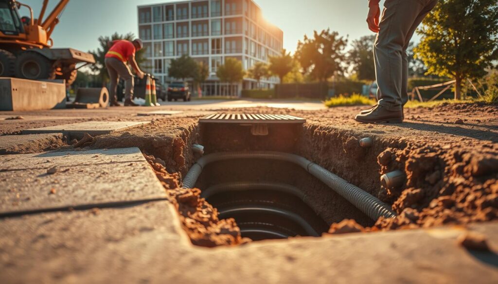 A close-up, detailed view of a storm drain installation in a commercial area of Centurion, Gauteng. The scene is captured under warm, golden afternoon sunlight, casting long shadows and highlighting the textures of the concrete, steel, and soil. In the foreground, workers are carefully fitting the drainage grate, surrounded by construction equipment and materials. The middle ground showcases the partially dug trench, exposing the layered underground piping system. In the background, a modern office building and lush vegetation frame the urban landscape. The overall mood conveys a sense of efficient, precise infrastructure development. A close-up, detailed view of a storm drain installation in a commercial area of Centurion, Gauteng. The scene is captured under warm, golden afternoon sunlight, casting long shadows and highlighting the textures of the concrete, steel, and soil. In the foreground, workers are carefully fitting the drainage grate, surrounded by construction equipment and materials. The middle ground showcases the partially dug trench, exposing the layered underground piping system. In the background, a modern office building and lush vegetation frame the urban landscape. The overall mood conveys a sense of efficient, precise infrastructure development.