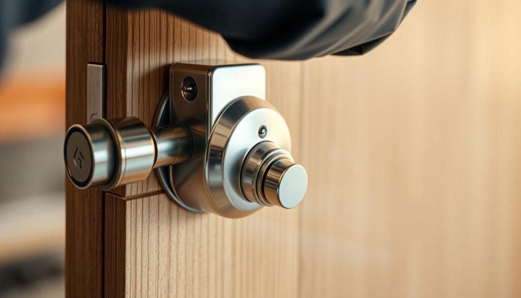 A close-up, high-resolution, photorealistic image of a silver deadbolt lock being installed on a wooden door in a modern residential setting in Gauteng, South Africa. The door is a light oak color, and the installation is being performed by a skilled technician in a clean, well-lit workshop environment. The image should convey the attention to detail and precision required for professional deadbolt lock installation, with a focus on the locking mechanism, screws, and hardware. The lighting should be warm and natural, creating a sense of craftsmanship and attention to detail. The overall composition should emphasize the regional context, showcasing the specific lock model and installation process typical of the Gauteng area. A close-up, high-resolution, photorealistic image of a silver deadbolt lock being installed on a wooden door in a modern residential setting in Gauteng, South Africa. The door is a light oak color, and the installation is being performed by a skilled technician in a clean, well-lit workshop environment. The image should convey the attention to detail and precision required for professional deadbolt lock installation, with a focus on the locking mechanism, screws, and hardware. The lighting should be warm and natural, creating a sense of craftsmanship and attention to detail. The overall composition should emphasize the regional context, showcasing the specific lock model and installation process typical of the Gauteng area.