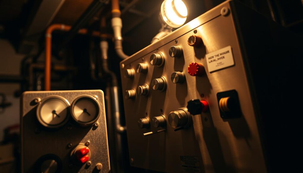 A close-up image of a geyser control panel with various dials, switches, and indicators. The panel is made of brushed metal and has a utilitarian, industrial aesthetic. The background is a dimly lit interior, with hints of pipes, wires, and other plumbing equipment visible, suggesting a utility room or basement setting. The lighting is warm and focused, casting shadows and highlights that emphasize the various components of the control panel. The overall mood is one of technical expertise and attention to detail, conveying the importance of understanding the complexities of geyser repair pricing.