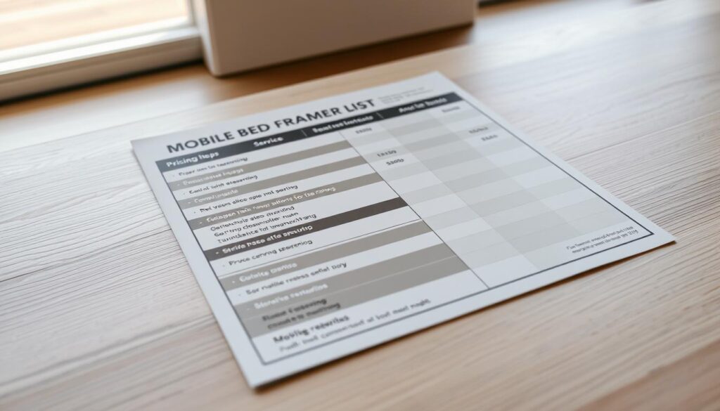 A close-up view of a mobile bed frame repair pricing list, showcased on a clean, minimalist wooden surface. The list is neatly organized, displaying various service options and associated costs in a clear, easy-to-read format. The lighting is soft and natural, creating a warm, inviting atmosphere. The angle is slightly elevated, providing a detailed perspective of the pricing details. The background is blurred, keeping the focus on the central pricing information. The overall composition conveys a sense of professionalism and attention to detail, reflecting the expertise and services offered across Gauteng and South Africa.