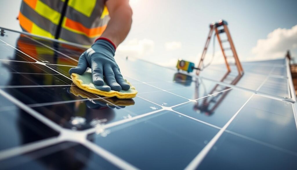 A close-up view of a solar panel being cleaned, showcasing the key factors that influence the cost. In the foreground, a person in a safety vest and gloves carefully wiping the panel's surface with a microfiber cloth, highlighting the labor and time required. In the middle ground, a ladder and cleaning equipment, conveying the necessary tools. The background features a sunny, cloudless sky, emphasizing the importance of optimal lighting conditions. The scene is captured with a shallow depth of field, creating a focus on the cleaning process and drawing the viewer's attention to the crucial elements that impact the overall cost of solar panel maintenance.