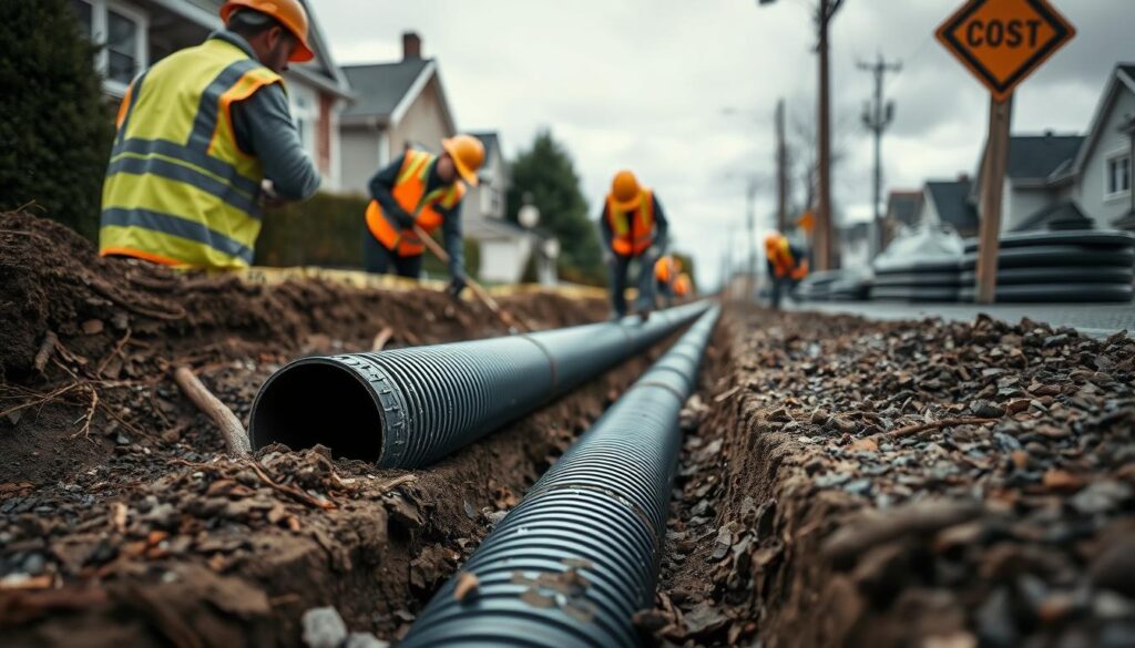 A close-up view of a storm drain pipe installation site in a suburban neighborhood, with workers in hard hats and high-visibility vests laying down the pipe in a trench. The ground is damp and the sky is overcast, adding a sense of moody, industrial atmosphere. The camera angle is slightly low, emphasizing the scale of the project. The pipeline and construction materials are the focal point, surrounded by details like shovels, gravel, and construction signage that provide context about the cost factors involved, such as labor, equipment, and materials. The lighting is natural, with soft shadows and highlights that create depth and texture. The overall composition conveys the technical aspects and logistical challenges of storm drain pipe installation in an urban setting.