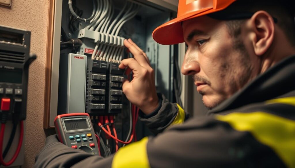 A close-up view of a technician working on a residential electrical panel, surrounded by tools and safety equipment. The panel's circuit breakers and wiring are clearly visible, with a digital multimeter displaying readouts. Warm-toned lighting illuminates the scene, casting shadows that add depth and dimension. The technician's focused expression conveys the importance of their work, ensuring reliable and safe electrical power in the home. The overall composition emphasizes the technical expertise and attention to detail required for emergency electrical maintenance in Midrand.