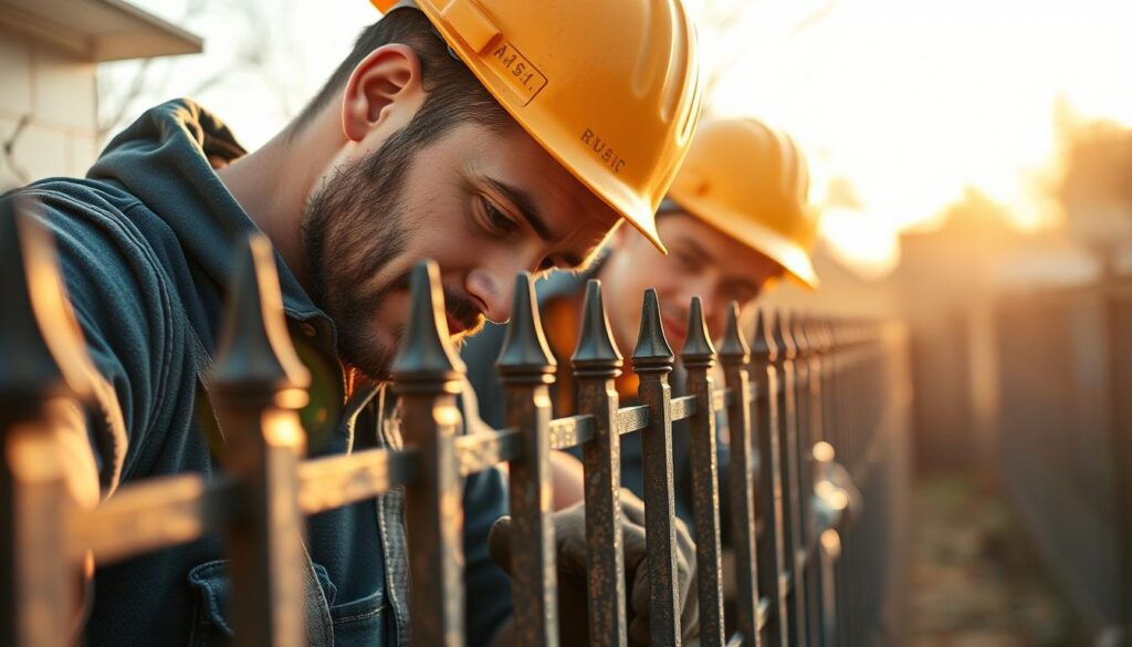 A close-up view of two skilled handymen carefully installing palisade fencing, showcasing their expertise and efficiency. The scene is bathed in warm, natural lighting, emphasizing the intricate details of the metalwork and the care with which the installation is being carried out. The fencing stretches out in the background, creating a sense of depth and scale. The workers' expressions convey their dedication to providing high-quality, reliable service. The overall impression is one of professionalism, attention to detail, and the value of choosing an independent handyman for palisade fencing installation.