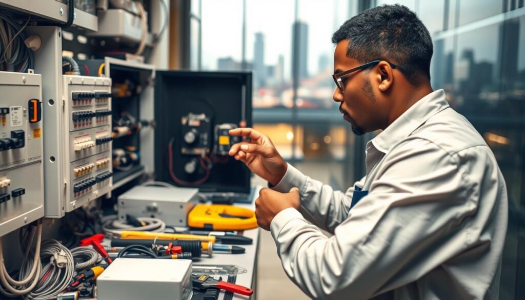 A commercial electrical installation service in Gauteng, showcasing a technician examining a control panel with precise focus, surrounded by various electrical components, conduits, and tools neatly organized in the foreground. The middle ground depicts the interior of a modern commercial building, with clean lines and a well-lit environment. In the background, a cityscape of Johannesburg or Pretoria skyline, conveying the scope and scale of the commercial electrical services available in the region. The overall mood is one of professionalism, attention to detail, and the reliable expertise required for commercial electrical installations.