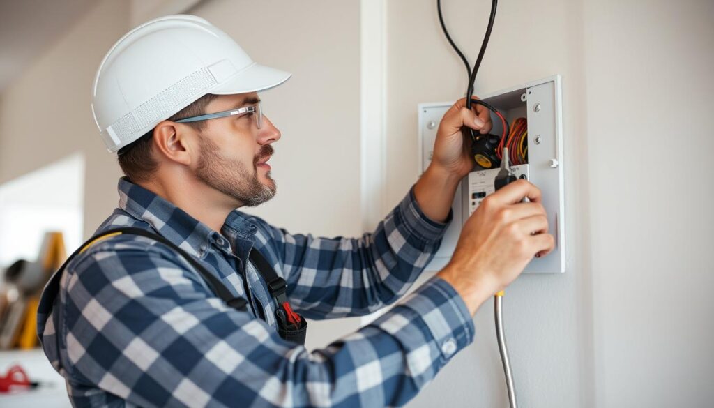 A comprehensive electrical installation pricing guide for South African homeowners, presented as a neatly organized and informative book or brochure. The cover features a sleek, minimalist design with a subtle grid pattern suggesting electrical schematics. The pages inside display a clean layout with clear headings, precise cost breakdowns, and helpful infographics illustrating common electrical work and pricing. The lighting is soft and even, creating a professional, authoritative atmosphere. The camera angle is slightly elevated, giving the viewer a sense of detail and organization. The overall mood conveys trustworthiness, practicality, and attention to detail - exactly what a South African homeowner would expect from a reliable electrical installation pricing guide.