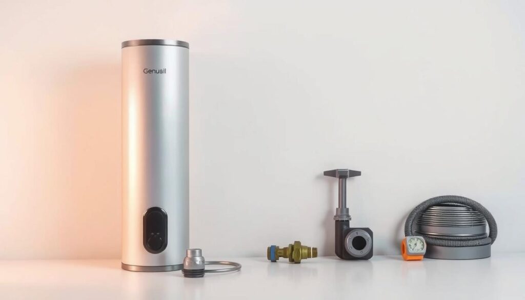 A comprehensive pricing guide for a geyser installation, showcased against a clean, minimalist background. The geyser is positioned prominently in the foreground, its sleek, modern design highlighted by soft, directional lighting from the side. The middle ground features tools and plumbing fittings, subtly indicating the installation process. The background is a simple, neutral tone, allowing the subject to take center stage. The overall tone is professional, informative, and visually appealing, reflecting the high-quality, authoritative nature of the pricing guide.