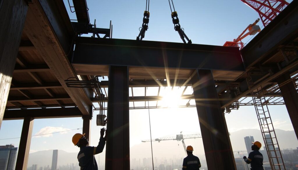 A construction site in Johannesburg, South Africa, with a team of workers carefully installing a sturdy steel I-beam. The beam is positioned precisely, with cranes and specialized equipment aiding the process. Sunlight filters through the framework, casting dynamic shadows across the scene. The workers wear hard hats and safety gear, showcasing the technical expertise required for this task. The background features the skyline of Johannesburg's Sandton district, highlighting the urban setting. The overall atmosphere conveys a sense of efficiency, attention to detail, and the importance of proper steel beam installation in the region's construction industry. A construction site in Johannesburg, South Africa, with a team of workers carefully installing a sturdy steel I-beam. The beam is positioned precisely, with cranes and specialized equipment aiding the process. Sunlight filters through the framework, casting dynamic shadows across the scene. The workers wear hard hats and safety gear, showcasing the technical expertise required for this task. The background features the skyline of Johannesburg's Sandton district, highlighting the urban setting. The overall atmosphere conveys a sense of efficiency, attention to detail, and the importance of proper steel beam installation in the region's construction industry.