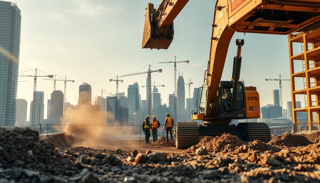 A construction site in an urban setting, with an excavator digging into the earth to lay the foundation for a new building. The foreground shows the excavator's powerful machinery at work, kicking up clouds of dust and dirt. In the middle ground, construction workers oversee the operation, their safety gear and tools visible. The background depicts the surrounding cityscape, with towering skyscrapers and cranes dotting the skyline, hinting at the bustling activity and demand for new construction projects. The lighting is natural, with a warm, golden hue casting shadows across the scene, creating a sense of depth and atmosphere. The overall mood conveys the complexity and importance of the foundation-laying process, a critical step in the construction pipeline. A construction site in an urban setting, with an excavator digging into the earth to lay the foundation for a new building. The foreground shows the excavator's powerful machinery at work, kicking up clouds of dust and dirt. In the middle ground, construction workers oversee the operation, their safety gear and tools visible. The background depicts the surrounding cityscape, with towering skyscrapers and cranes dotting the skyline, hinting at the bustling activity and demand for new construction projects. The lighting is natural, with a warm, golden hue casting shadows across the scene, creating a sense of depth and atmosphere. The overall mood conveys the complexity and importance of the foundation-laying process, a critical step in the construction pipeline.