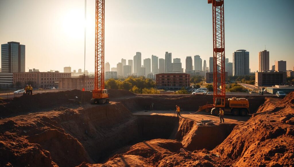 A construction site in the heart of Johannesburg, with heavy machinery digging deep into the earth. The scene is bathed in warm, golden sunlight, casting long shadows across the excavated soil. In the foreground, a towering crane stands as a testament to the scale of the project, its mechanical arm poised to lift heavy loads. The middle ground is dominated by the active digging, with workers in high-visibility vests overseeing the progress. In the background, the skyline of Johannesburg's financial district rises, a blend of modern skyscrapers and historical architecture. The overall atmosphere conveys the efficiency and precision required for foundation work in this bustling metropolitan region. A construction site in the heart of Johannesburg, with heavy machinery digging deep into the earth. The scene is bathed in warm, golden sunlight, casting long shadows across the excavated soil. In the foreground, a towering crane stands as a testament to the scale of the project, its mechanical arm poised to lift heavy loads. The middle ground is dominated by the active digging, with workers in high-visibility vests overseeing the progress. In the background, the skyline of Johannesburg's financial district rises, a blend of modern skyscrapers and historical architecture. The overall atmosphere conveys the efficiency and precision required for foundation work in this bustling metropolitan region.
