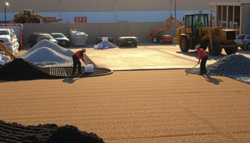 A construction site showcasing the essential factors influencing tar surfacing costs. In the foreground, workers diligently prepare the ground, smoothing and compacting the surface. The middle ground features piles of tar, gravel, and other materials, highlighting the raw ingredients required. In the background, heavy machinery like rollers and paving machines stands ready, conveying the specialized equipment needed. Warm, natural lighting casts long shadows, creating a sense of depth and emphasizing the process. The scene exudes a sense of organized efficiency, underscoring the careful planning and execution required for a successful tar surfacing installation.