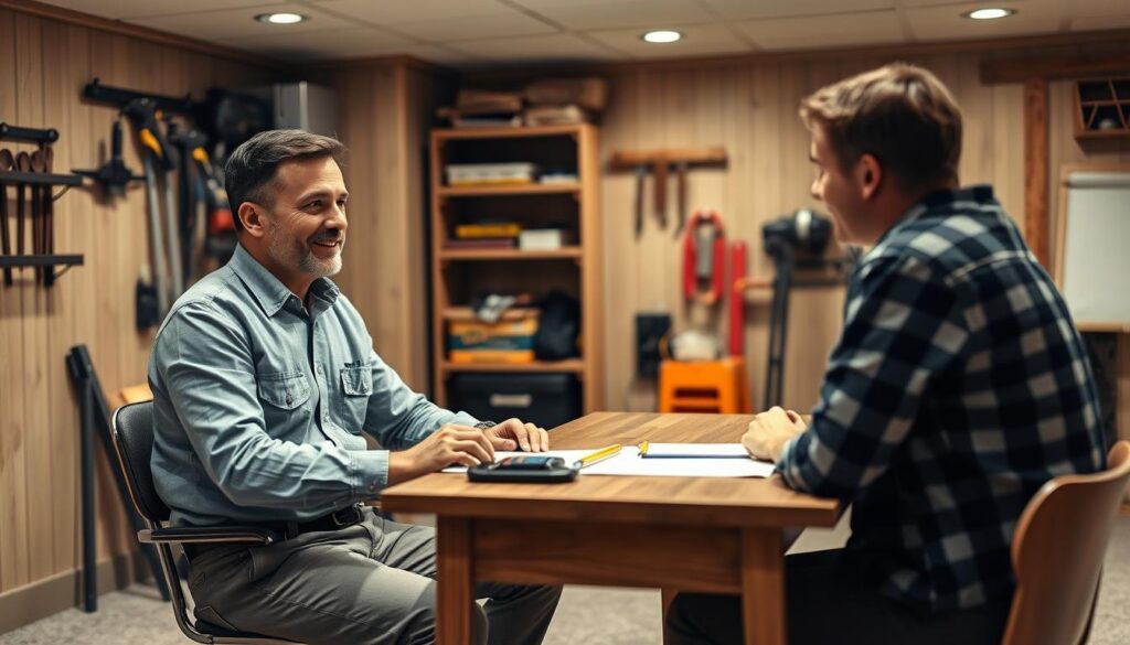 A cozy basement interior with warm lighting, a handyman consultant sitting at a wooden desk, discussing pricing and options with a client. The walls are paneled, and shelves line the background, filled with tools and building supplies. The consultant's expression is friendly and attentive, while the client appears engaged in the conversation. A neutral-toned color palette creates a professional, yet inviting atmosphere, conveying the expertise and reliability of the basement construction services.