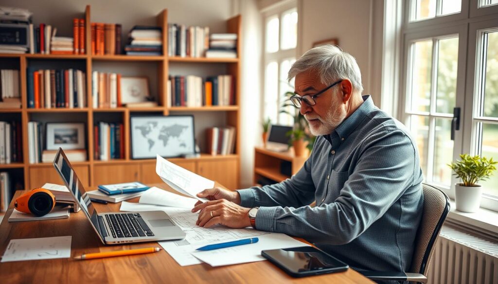 A cozy, well-lit home office setting with a middle-aged man in casual business attire sitting at a wooden desk, studying blueprints and design documents intently. On the desk, a laptop, a tablet, and various stationery items create a professional yet inviting atmosphere. The background features shelves filled with books and design references, subtly hinting at the subject's expertise in value engineering and home renovation. Soft, natural lighting filters through large windows, casting a warm glow and highlighting the thoughtful expression on the man's face as he contemplates cost-effective solutions for maximizing the return on investment.