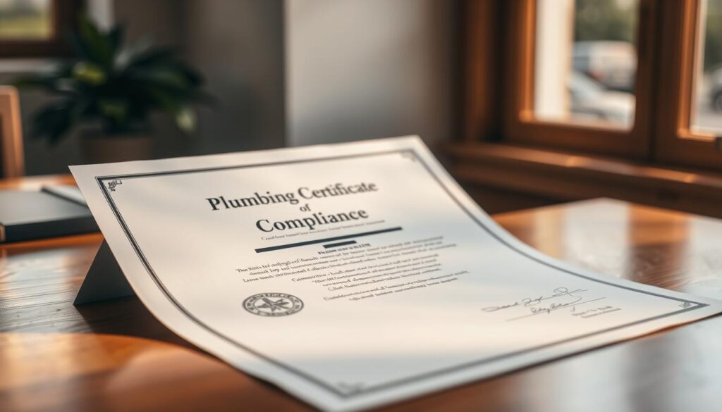 A crisp, clean certificate on a wooden desk, illuminated by warm natural lighting from a window. The document is prominently displayed, its title "Plumbing Certificate of Compliance" clearly visible. The background is softly blurred, allowing the certificate to be the focal point. The certificate showcases official seals, stamps, and signatures, conveying a sense of authority and professionalism. The overall composition evokes a feeling of reliability and attention to detail, reflecting the importance of this legal document in the plumbing industry.