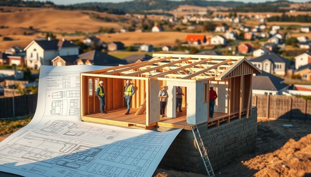A cross-section view of a residential construction site, with a focus on the factors that influence the budget for a granny flat. In the foreground, a detailed blueprint of the granny flat design, complete with material specifications and cost estimates. In the middle ground, workers and contractors discussing the project, highlighting the labor and subcontractor costs. In the background, a rolling landscape with various housing styles, showcasing the regional variations in material and land prices that impact the overall budget. Warm, diffused lighting casts shadows, creating a sense of depth and emphasizing the complex interplay of factors that shape the final cost of a granny flat construction. A cross-section view of a residential construction site, with a focus on the factors that influence the budget for a granny flat. In the foreground, a detailed blueprint of the granny flat design, complete with material specifications and cost estimates. In the middle ground, workers and contractors discussing the project, highlighting the labor and subcontractor costs. In the background, a rolling landscape with various housing styles, showcasing the regional variations in material and land prices that impact the overall budget. Warm, diffused lighting casts shadows, creating a sense of depth and emphasizing the complex interplay of factors that shape the final cost of a granny flat construction.