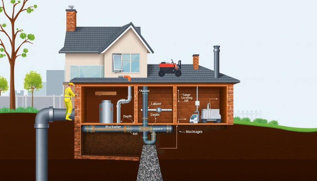 A cross-sectional illustration showcasing the various cost factors associated with drain repair services in the Johannesburg, Sandton, and Pretoria regions. Depicted in a clean, technical style, the image should feature a detailed cutaway view of a residential drainage system, highlighting key elements such as pipe material, depth, length, blockages, and accessibility. The foreground should emphasize the labor and equipment required for the repair, while the background should provide context with architectural elements and landscaping. Lighting should be bright and evenly distributed, with a slight technical, engineering-inspired tone to convey professionalism and expertise. The overall composition should convey a comprehensive understanding of the multifaceted nature of drain repair cost assessment in these major Gauteng municipalities. A cross-sectional illustration showcasing the various cost factors associated with drain repair services in the Johannesburg, Sandton, and Pretoria regions. Depicted in a clean, technical style, the image should feature a detailed cutaway view of a residential drainage system, highlighting key elements such as pipe material, depth, length, blockages, and accessibility. The foreground should emphasize the labor and equipment required for the repair, while the background should provide context with architectural elements and landscaping. Lighting should be bright and evenly distributed, with a slight technical, engineering-inspired tone to convey professionalism and expertise. The overall composition should convey a comprehensive understanding of the multifaceted nature of drain repair cost assessment in these major Gauteng municipalities.