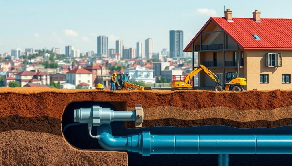 A detailed architectural illustration showcasing the key factors that influence the cost of sewer line installation. In the foreground, a cross-section of a modern sewer system, highlighting the underground pipes, connectors, and excavation work. In the middle ground, a team of construction workers and specialized equipment, such as excavators and trenching machines, demonstrating the labor and machinery required. In the background, a cityscape with a range of residential and commercial buildings, representing the diverse infrastructure that necessitates efficient sewer networks. The scene is illuminated by natural daylight, conveying a sense of pragmatic professionalism. The overall tone is informative and technical, providing visual insights into the essential considerations for sewer installation cost estimation. A detailed architectural illustration showcasing the key factors that influence the cost of sewer line installation. In the foreground, a cross-section of a modern sewer system, highlighting the underground pipes, connectors, and excavation work. In the middle ground, a team of construction workers and specialized equipment, such as excavators and trenching machines, demonstrating the labor and machinery required. In the background, a cityscape with a range of residential and commercial buildings, representing the diverse infrastructure that necessitates efficient sewer networks. The scene is illuminated by natural daylight, conveying a sense of pragmatic professionalism. The overall tone is informative and technical, providing visual insights into the essential considerations for sewer installation cost estimation.