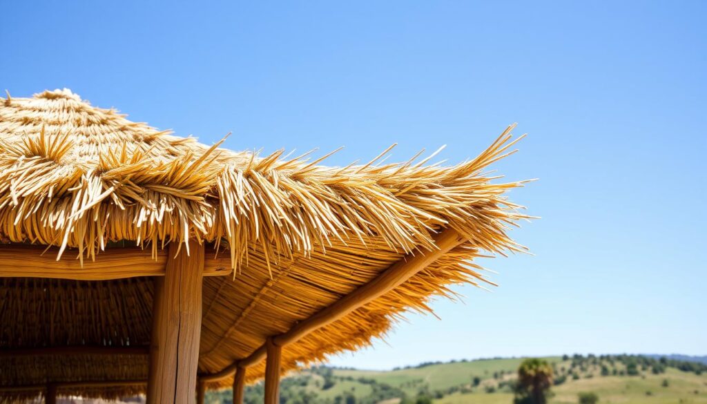 A detailed architectural rendering of a traditional thatched roof structure in a rural South African setting, showcasing the intricate weaving and texture of the thatching against a clear blue sky. The foreground features a close-up view of the thick, golden-brown thatch, with sunlight gently filtering through, highlighting the natural variations in the material. The middle ground depicts the overall shape and slope of the roof, complemented by the earthy tones of the supporting timber structure. In the background, a lush, verdant landscape with rolling hills and distant trees creates a serene, pastoral atmosphere, providing context for the cost and pricing information to be displayed.