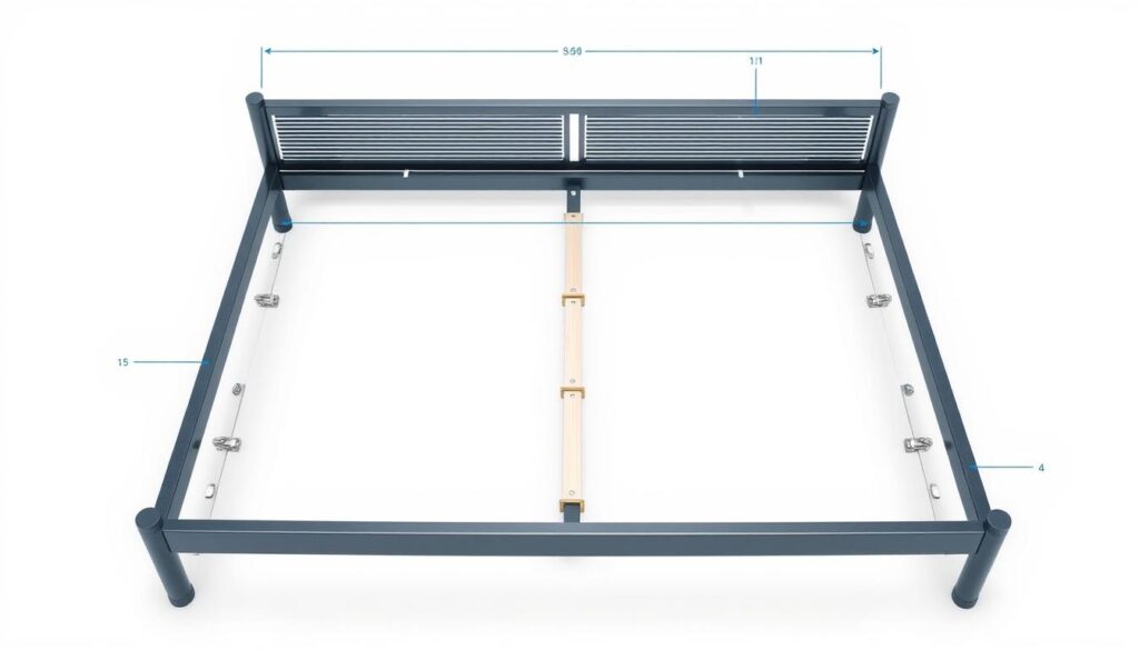 A detailed blueprint-style diagram of a sturdy metal bed frame structure, showcasing its key components and construction. Visible parts include the headboard, footboard, side rails, slats, and connectors. The frame is highlighted against a plain, off-white background, illuminated by soft, even studio lighting to emphasize the texture and craftsmanship. The image conveys a sense of reliability, durability, and attention to detail, suitable for a comprehensive price guide on bed frame repair services.