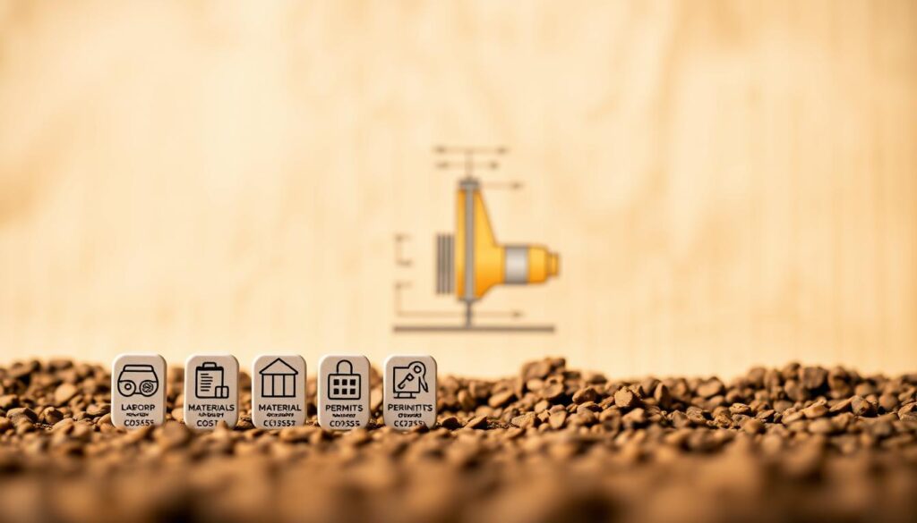 A detailed breakdown of borehole repair costs against a clean, minimalist background. In the foreground, a series of cost icons representing the various components - labor, materials, equipment, permits, etc. - arranged in a grid layout. In the middle ground, a technical cross-section diagram of a borehole, showcasing its structure and key parts. The background is a softly blurred, neutral-toned pattern providing a clean, uncluttered canvas. Warm, directional lighting casts subtle shadows, adding depth and dimension to the scene. The overall mood is informative, technical, and visually striking, suitable for illustrating the "Detailed Borehole Service Cost Breakdown" section.