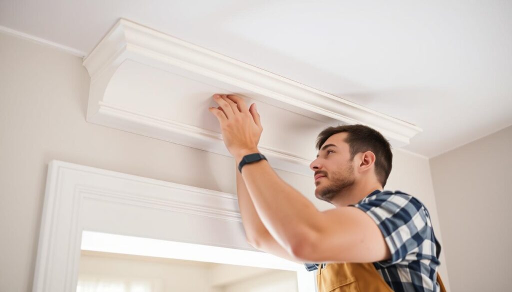 A detailed breakdown of cornice installation costs, showcasing the various components and labor required. The image depicts a well-lit, technical illustration-style visual, with a clean, minimal background. In the foreground, a cornice profile is prominently displayed, with callout labels pointing to the different cost elements, such as materials, labor, and installation. The middle ground features a neatly organized table or infographic detailing the specific pricing for each step of the cornice installation process. The background subtly hints at the architectural context, with a soft, blurred representation of a room interior or building facade. The overall mood is informative, technical, and visually appealing, guiding the viewer through the key factors that contribute to the total cost of cornice installation. A detailed breakdown of cornice installation costs, showcasing the various components and labor required. The image depicts a well-lit, technical illustration-style visual, with a clean, minimal background. In the foreground, a cornice profile is prominently displayed, with callout labels pointing to the different cost elements, such as materials, labor, and installation. The middle ground features a neatly organized table or infographic detailing the specific pricing for each step of the cornice installation process. The background subtly hints at the architectural context, with a soft, blurred representation of a room interior or building facade. The overall mood is informative, technical, and visually appealing, guiding the viewer through the key factors that contribute to the total cost of cornice installation.