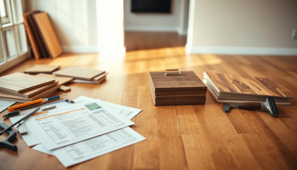 A detailed breakdown of hardwood floor renovation costs, showcased on a wooden tabletop. In the foreground, a variety of wood samples, tools, and cost estimates neatly arranged. The middle ground features a sleek, modern hardwood floor, bathed in warm, natural lighting, creating a sense of depth and texture. The background subtly blends into a minimalist, off-white wall, allowing the focus to remain on the cost breakdown elements. The overall composition conveys a sense of professionalism, expertise, and a comprehensive understanding of hardwood floor renovation expenses.