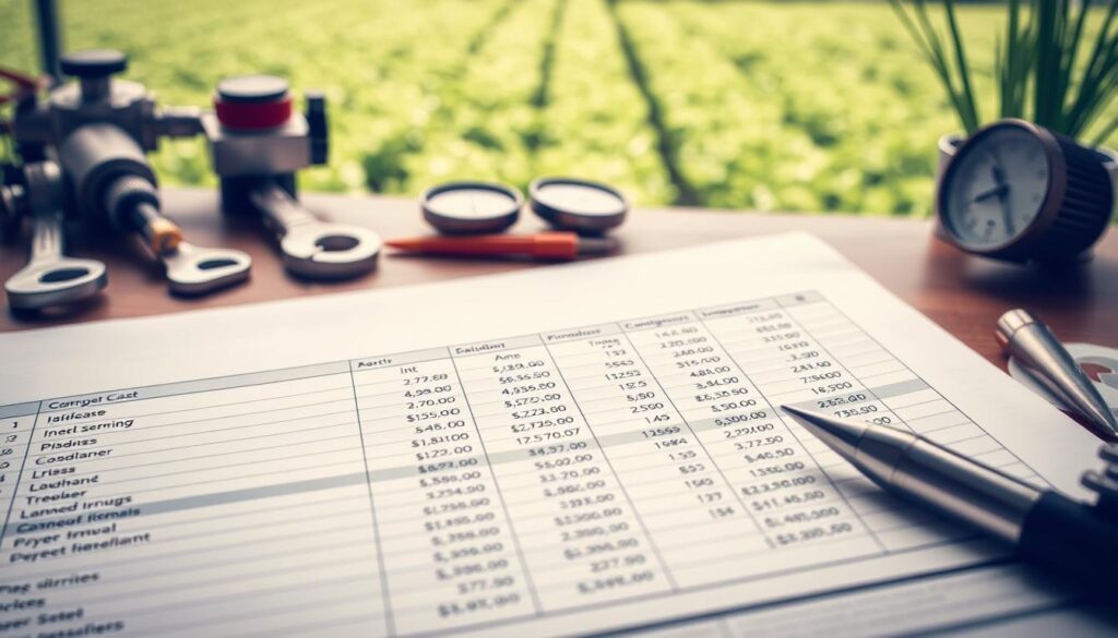 A detailed breakdown of irrigation system repair costs displayed on a professional-looking spreadsheet or document. The foreground showcases neatly organized line items and numerical values, conveying a sense of precision and financial analysis. The middle ground features tools and equipment associated with irrigation system maintenance, such as wrenches, gauges, and piping, adding technical context. The background subtly depicts a lush, verdant landscape, hinting at the importance of functional irrigation systems. The lighting is soft and even, creating a calm, authoritative atmosphere. The camera angle is slightly elevated, giving the viewer a comprehensive overview of the detailed cost breakdown. A detailed breakdown of irrigation system repair costs displayed on a professional-looking spreadsheet or document. The foreground showcases neatly organized line items and numerical values, conveying a sense of precision and financial analysis. The middle ground features tools and equipment associated with irrigation system maintenance, such as wrenches, gauges, and piping, adding technical context. The background subtly depicts a lush, verdant landscape, hinting at the importance of functional irrigation systems. The lighting is soft and even, creating a calm, authoritative atmosphere. The camera angle is slightly elevated, giving the viewer a comprehensive overview of the detailed cost breakdown.