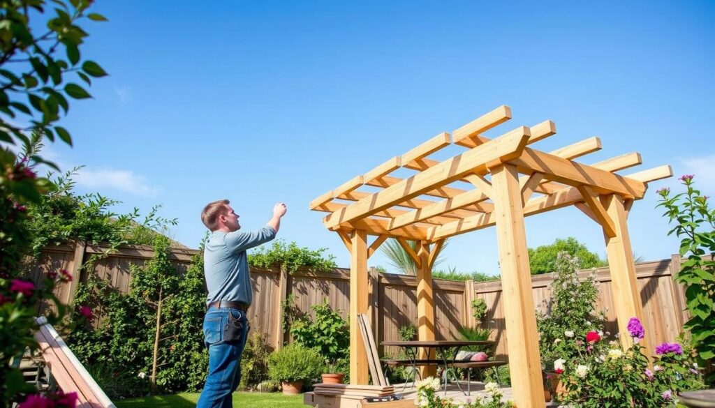 A detailed breakdown of pergola installation pricing in a clean, minimalist layout. A wooden pergola structure in the foreground, with a grid of cost elements like materials, labor, and regional variations displayed alongside. The pergola casts realistic shadows, illuminated by soft, directional lighting that creates depth and dimensionality. The background is a plain, off-white studio setting, allowing the pricing information to be the central focus. The overall tone is informative and analytical, suitable for inclusion in a price guide article.