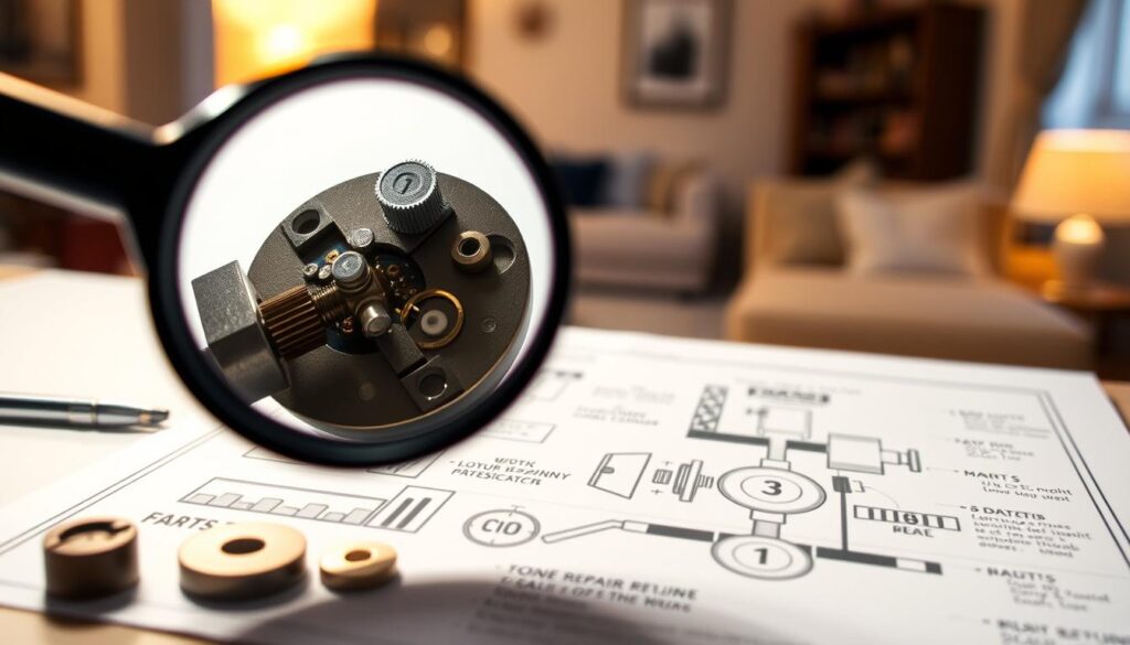 A detailed breakdown of residential lock repair costs, showcasing a meticulously organized visual representation. In the foreground, a magnifying glass hovers over various lock components, highlighting the intricate mechanics. The middle ground features a blueprint-style diagram of a lock assembly, with labeled parts and associated repair prices. The background subtly depicts a cozy, well-lit home interior, conveying a sense of security and attention to detail. The lighting is soft and warm, creating a welcoming atmosphere. The overall composition is clean, balanced, and designed to provide a comprehensive understanding of the financial aspects of lock repair for South African homeowners.