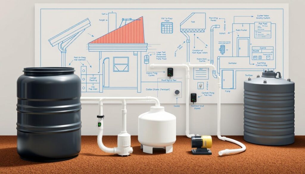 A detailed breakdown of the components and costs of a comprehensive rainwater harvesting system. The foreground showcases the core elements - a rain barrel, piping, and a pump, all rendered in a technical, engineering-inspired style. The middle ground highlights the supporting infrastructure like gutters, downspouts, and a storage tank, providing a holistic view of the system. The background features a blueprint-like rendering of the overall layout and schematics, lending an authoritative, informative atmosphere. Lighting is clean and directional, emphasizing the technical nature of the subject. The camera angle is slightly elevated, giving a bird's-eye perspective for maximum clarity.