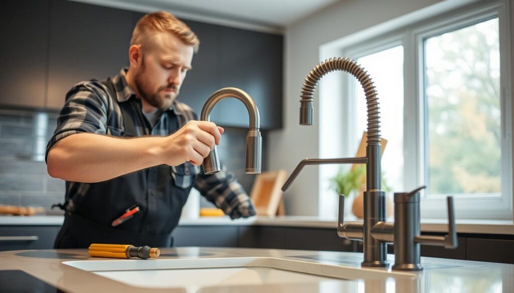 A detailed breakdown of the cost components for a professional kitchen faucet installation service. The image depicts a clean, minimalist style with a light, airy atmosphere. In the foreground, a silver, modern faucet is prominently displayed, with callouts pointing to various installation elements like piping, valves, and labor. The middle ground showcases a sleek, granite countertop in a neutral tone, complementing the faucet. The background features a blurred, out-of-focus kitchen setting, hinting at the wider context. The lighting is soft and diffused, creating a sense of clarity and professionalism. The overall composition aims to convey a comprehensive, informative visualization of the costs associated with a kitchen faucet installation service.