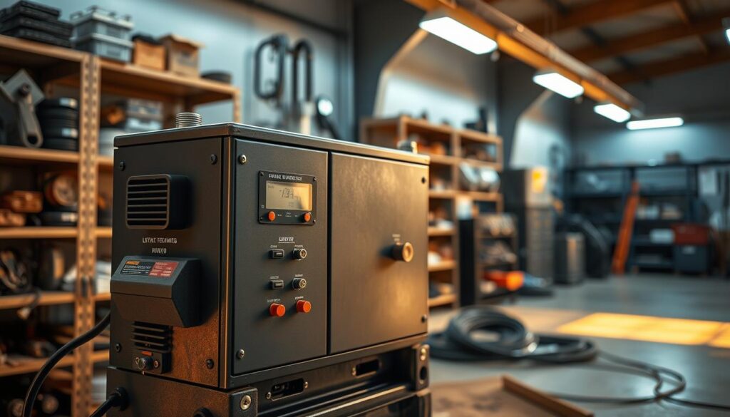A detailed close-up shot of an electric fence energiser replacement service in a well-lit, industrial setting. The energiser is prominently displayed, showcasing its robust metal casing and various control panels. The background features a clean, organized workshop environment with shelves of related hardware and tools. Warm, directional lighting casts dramatic shadows, emphasizing the technical precision of the service. The overall mood conveys professionalism, reliability, and expertise in electric fence maintenance and repair.