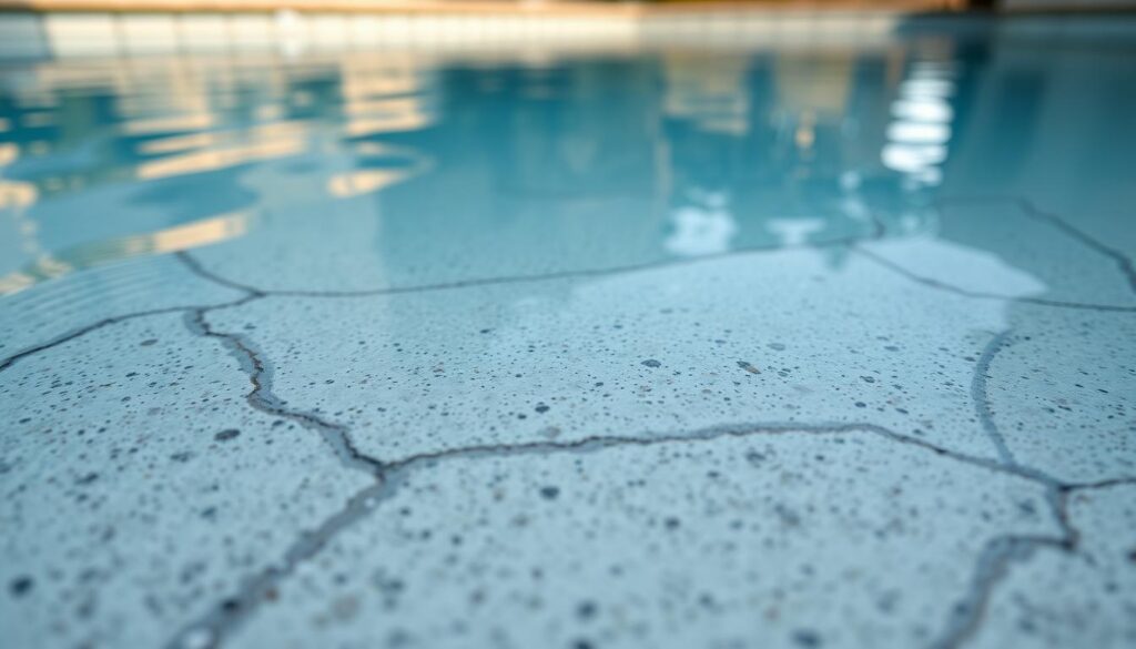 A detailed close-up view of a gunite pool, showcasing the regional pricing for repairs across Johannesburg, Sandton, Pretoria, and Gauteng. The image should depict the pool's surface, with a focus on the texture and condition of the gunite material. Subtle natural lighting illuminates the scene, creating depth and highlighting the pool's features. The background should be slightly blurred, emphasizing the pool as the central focus. The overall mood should convey a sense of professionalism and expertise in the field of pool maintenance and repair, reflecting the informative nature of the article.