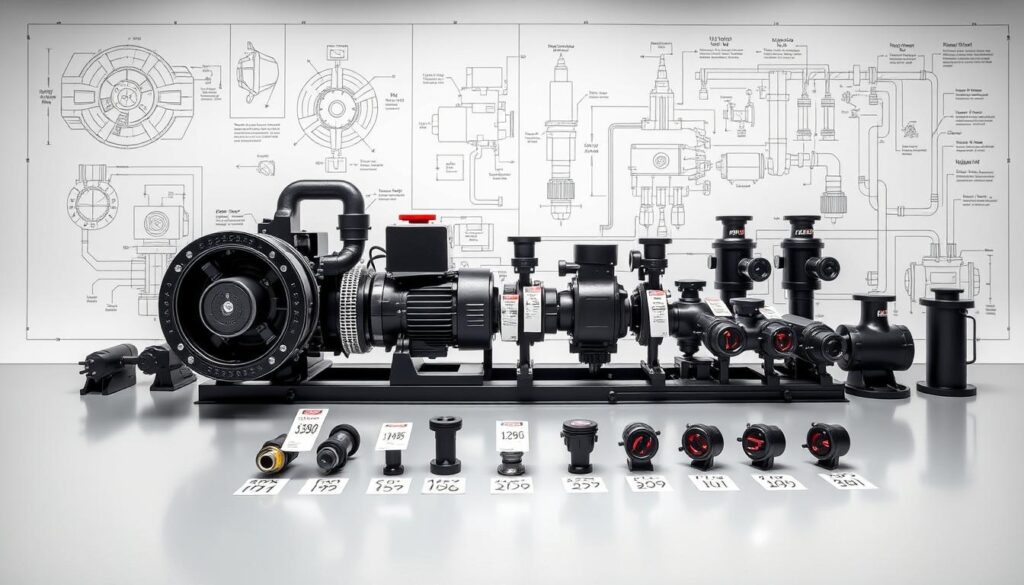 A detailed cost breakdown of a booster pump system, showcasing the various components and their respective prices. The foreground displays the main pump unit, surrounded by detailed schematics of its internal mechanisms. The middle ground features a collection of individual pump components, each with a price tag. The background depicts a technical engineering diagram, providing context and scale. The lighting is crisp and technical, with a muted color palette to convey a professional, analytical atmosphere. The camera angle is slightly elevated, allowing for a comprehensive view of the system's anatomy and costs.
