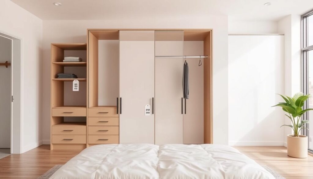 A detailed cost breakdown of a fitted wardrobe in an airy, minimalist Gauteng home. A clean, modern bedroom with large windows flooding the space with natural light. In the foreground, a neatly organized set of wardrobe components - shelves, drawers, hanging rods - with price tags attached, showcasing the individual costs. In the middle ground, a sleek, contemporary wardrobe frame in a neutral tone. The background features a simple, uncluttered wall, emphasizing the focus on the cost details. The lighting is soft and diffused, creating a sense of tranquility. The overall tone is informative yet visually appealing, inviting the viewer to explore the financial aspects of a fitted wardrobe purchase in the Gauteng region.