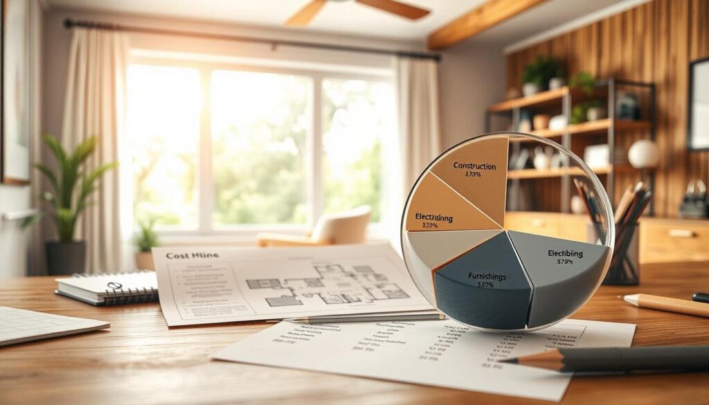 A detailed cost breakdown of a home office addition, showcased on a wooden desk with office supplies. The foreground features a clear pie chart, precisely segmented to illustrate the percentages of expenses like construction, electrical, plumbing, and furnishings. In the middle ground, an architectural floor plan diagram provides technical details. The background depicts a cozy, sunlit home office interior with minimalist decor, natural wooden accents, and a large window overlooking a lush outdoor scene. The lighting is warm and inviting, creating a professional yet comfortable atmosphere. The overall composition conveys a sense of organization, attention to detail, and practical insights for potential home office addition projects.