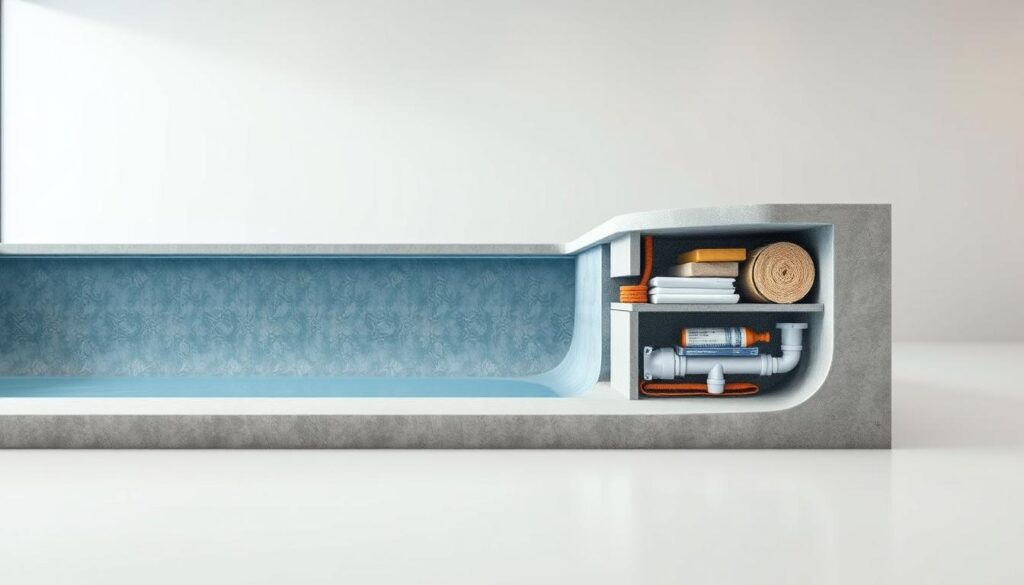 A detailed cross-section of a gunite swimming pool, showcasing the various cost factors involved in its repair. In the foreground, a cutaway view reveals the pool's concrete shell, rebar structure, and plumbing. Midground displays the different materials required, such as gunite, sealants, and finishing touches. In the background, a clean, minimalist environment with soft, diffused lighting highlights the technical aspects without distractions. The scene conveys a sense of professionalism and expertise, aiding understanding of the complexities and potential expenses associated with gunite pool repairs in South Africa.