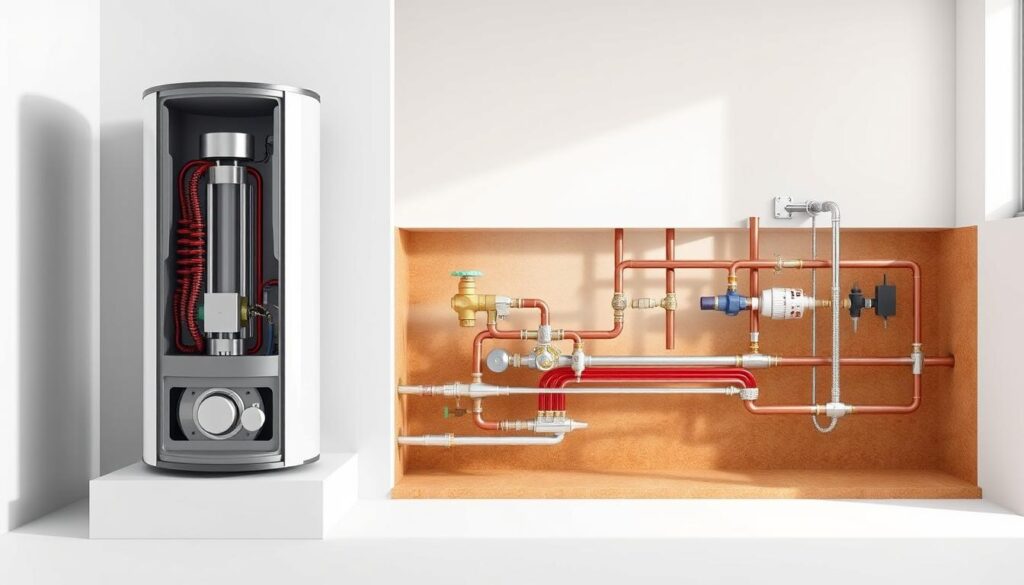 A detailed cross-section view of a geyser installation, showcasing the key cost factors involved. In the foreground, a sleek, modern geyser unit sits atop a sturdy plinth, its intricate internal components visible. In the middle ground, the complex piping system, including valves, joints, and insulation, is prominently displayed. The background features a minimalist, well-lit interior, emphasizing the importance of proper installation and integration within the home's infrastructure. The image should convey a sense of technical precision and attention to detail, reflecting the diverse considerations that contribute to the overall cost of a geyser installation in South Africa.