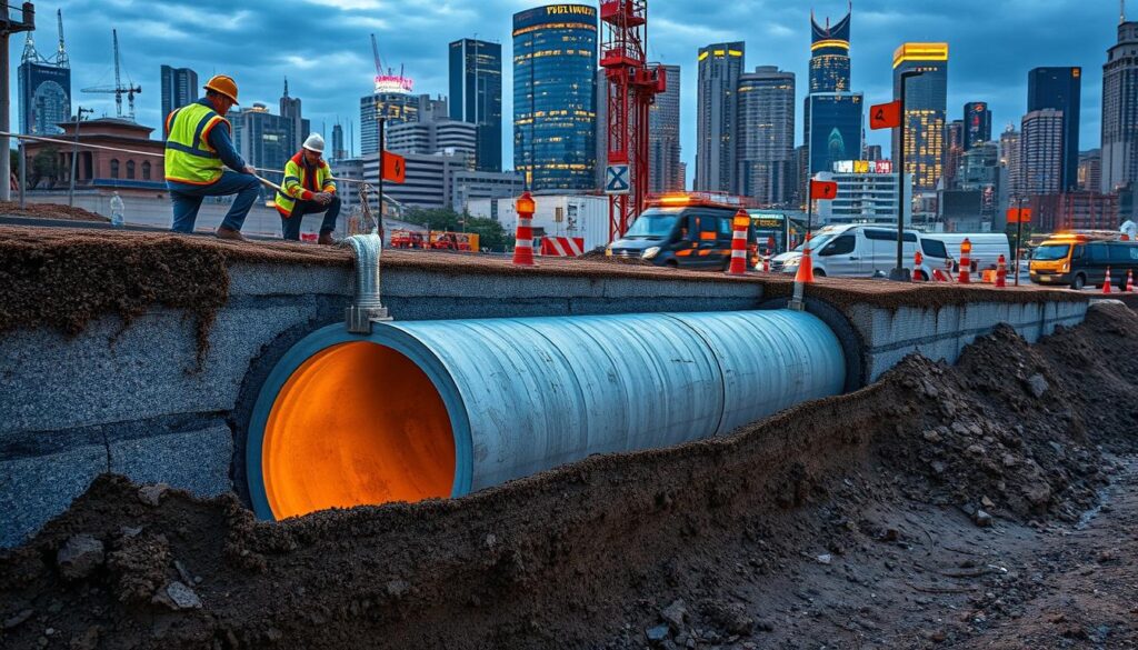 A detailed cross-section view of a storm drain installation in an urban Johannesburg setting, showcasing the regional variations in pricing and construction methods. The scene depicts the layered underground structure, including the reinforced concrete pipe, gravel bedding, and surrounding soil, illuminated by warm, diffused lighting to highlight the technical intricacies. The foreground features workers in high-visibility gear overseeing the installation process, while the background showcases the bustling city skyline, providing context for the regional context. The overall mood is one of precision, professionalism, and the challenges of urban infrastructure development.