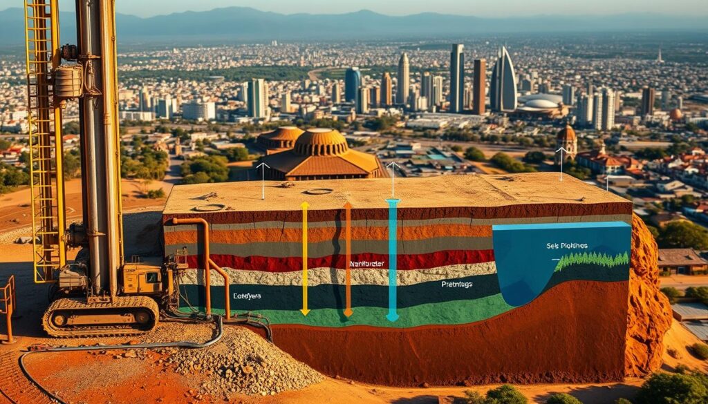A detailed cross-sectional view of a borehole drilling site, showcasing the key factors that influence the cost of installation in South Africa. The foreground depicts the drilling rig and associated machinery, with precise technical details. The middle ground highlights the different geological layers, rock formations, and groundwater aquifers that impact the drilling process. The background features the urban landscape of Johannesburg, Sandton, and Pretoria, emphasizing the context of the borehole installation. The lighting is natural, with a warm, golden hue, conveying a sense of professionalism and expertise. The overall scene is rendered in a realistic, high-resolution style, providing a comprehensive visual aid for the article's section on borehole cost factors. A detailed cross-sectional view of a borehole drilling site, showcasing the key factors that influence the cost of installation in South Africa. The foreground depicts the drilling rig and associated machinery, with precise technical details. The middle ground highlights the different geological layers, rock formations, and groundwater aquifers that impact the drilling process. The background features the urban landscape of Johannesburg, Sandton, and Pretoria, emphasizing the context of the borehole installation. The lighting is natural, with a warm, golden hue, conveying a sense of professionalism and expertise. The overall scene is rendered in a realistic, high-resolution style, providing a comprehensive visual aid for the article's section on borehole cost factors.