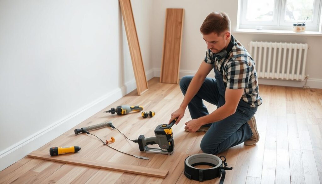 A detailed, high-quality illustration of the key factors affecting engineered wood flooring installation costs. Set in a clean, minimalist interior with warm, natural lighting. The foreground features a breakdown of major cost components such as material, labor, and subfloor preparation. The middle ground showcases a partially installed engineered wood floor, highlighting details like board thickness, finish, and pattern. The background depicts a blueprint or plan view of a residential space, providing context for the installation process. Maintain a professional, informative tone suitable for an industry publication. A detailed, high-quality illustration of the key factors affecting engineered wood flooring installation costs. Set in a clean, minimalist interior with warm, natural lighting. The foreground features a breakdown of major cost components such as material, labor, and subfloor preparation. The middle ground showcases a partially installed engineered wood floor, highlighting details like board thickness, finish, and pattern. The background depicts a blueprint or plan view of a residential space, providing context for the installation process. Maintain a professional, informative tone suitable for an industry publication.